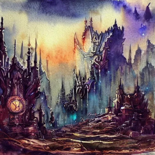 Prompt: #Fantasy #Landscape Collection Original #Watercolor #Painting Steampunk Scifi Surreal Land Whimsical #Ornate #Concept #Art #World Building Cityscape