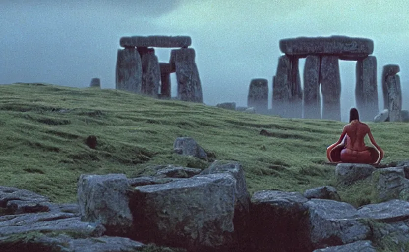 Image similar to movie still from princess mononoke ( 1 9 9 7 ) showing a highly detailed landscape with a giant long - haired buddha in lotus position with stonehenge in the background. 1 9 8 0 s science fiction, 1 9 7 0 s science fiction, cyberpunk, moody, misty, depth perception, 4 k, artstation