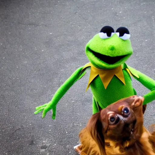 Prompt: dslr photo of kermit the frog dancing with a caramel dog