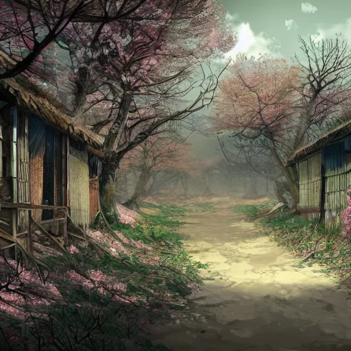 Image similar to abandoned Japanese village full of spring trees, concept art, digital art, well detailed, trending on artstation, 8k