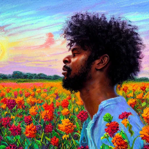 Prompt: an east african man with curly hair in a vast field of flowers, looking off into the sunset, relaxing, wide shot, golden hour, vintage, impressionist painting, fine art, oil painting, dreamy, pastel, laughing, happy, intricate details, sharp, peaceful, serene