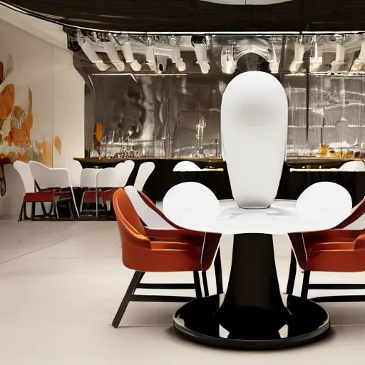 Image similar to three large white glossy kuka industrial robot arms on the floor around a dinner table, the kuka industrial robot arms are wearing bow ties, the table is full of food, they are having dinner inside a posh fine dining restaurant with mid - century modern furniture and decor, global illumination, artstation, fantasy, volumetric light