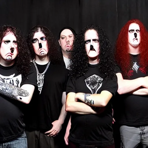 Image similar to a death metal band themed after Weird Al, studio lighting, photo realistic, a death metal band with spikes and piercings, Weird Al Yankovic, realistic reflections