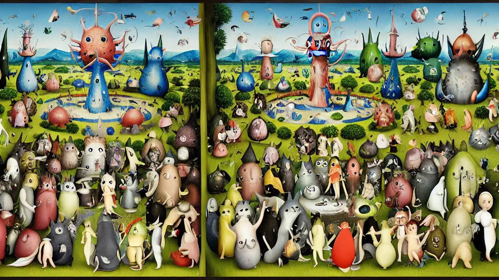 Image similar to garden of earthly delights by studio ghibli. totoro. digital painting. digital render. hieronymus bosch