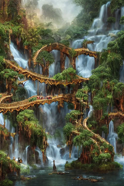 Image similar to wooden elven City with golden roofs, arches and bridges on top of a WATERFALL in the fall, gnarly trees, lush vegetation, forrest, a small stream runs beneath the waterfall, landscape, raphael lacoste, eddie mendoza, alex ross, john howe, concept art, matte painting, highly detailed, rule of thirds, dynamic lighting, cinematic, detailed, denoised, centerd, clean render