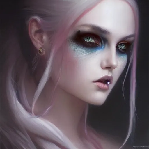 Image similar to a beautiful portrait of kerli koiv with pastel goth makeup, a detailed painting by greg rutkowski and raymond swanland and luis royo, featured on cgsociety, grimdark art, detailed painting, artstation hd, photorealistic