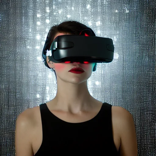 Prompt: photo of young woman, close up, wearing cyberpunk vr goggles, robotic implants over face with small led lights, white background, fine art photography in the style of Bill Henson