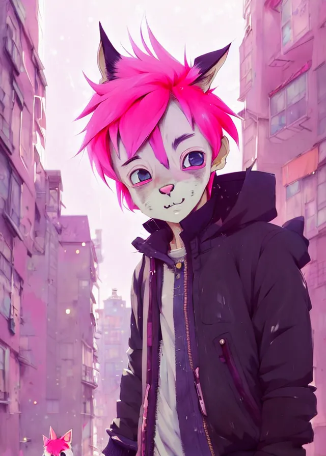 Prompt: portrait of a cute male anime boy with pink hair and pink wolf ears and freckles stylish clothes in a city | | highly detailed digital art painting by cory loftis, fenghua zhong, ryohei hase, ismail inceoglu and ruan jia. artstation, pinterest, volumetric lighting, subsurface scattering, photorealistic, octane render, random artists