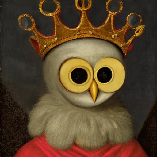 Prompt: close-up portrait of anthropomorphic owl Prince, man with a head of owl, glowing eyes, in a crown wearing long royal robe