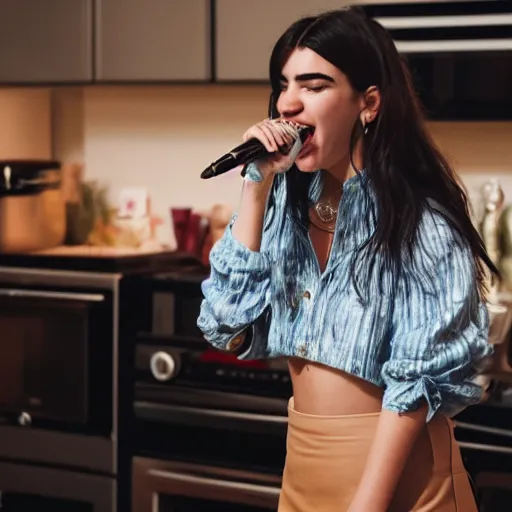 Image similar to Dua Lipa singing a song in the kitchen