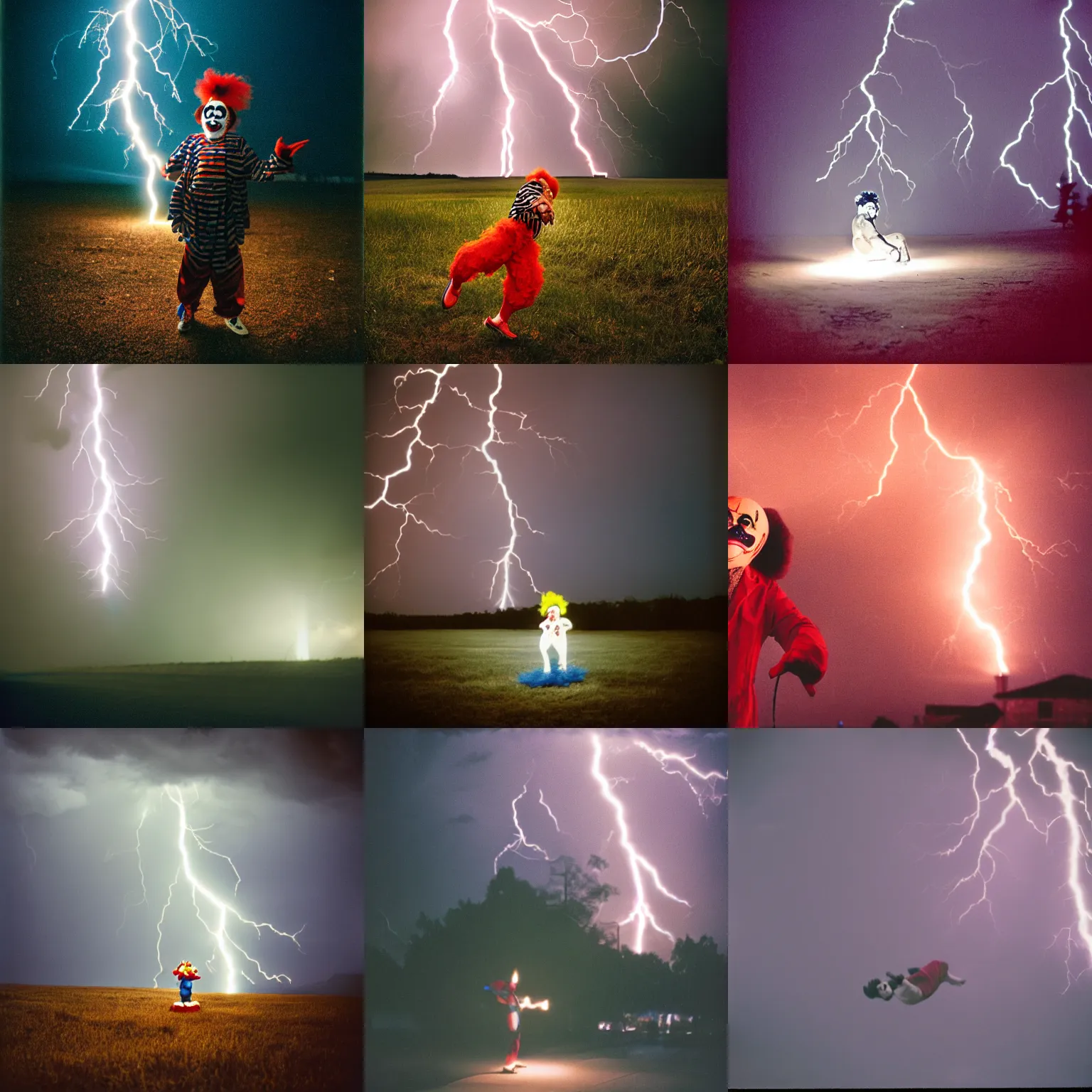 Prompt: cinestill of a clown being hit by lightning