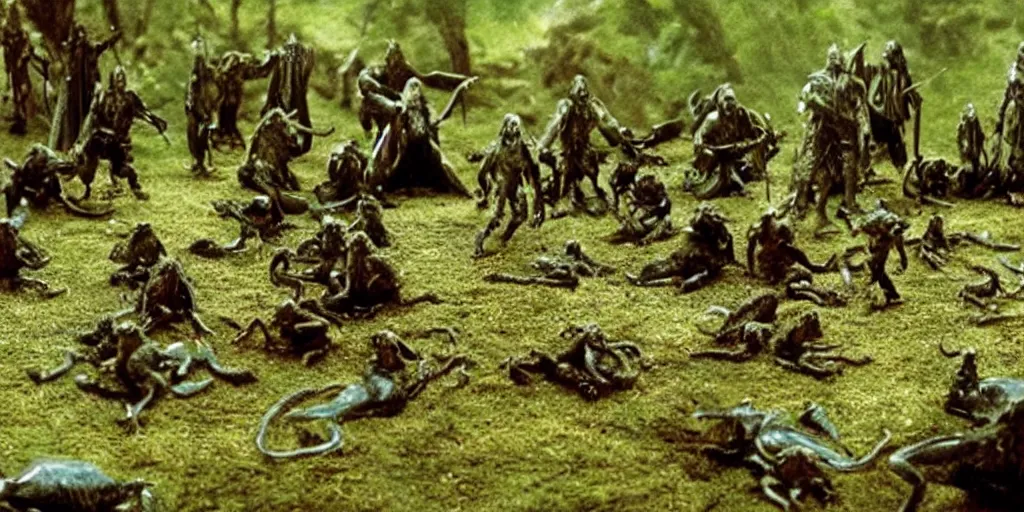 Image similar to movie scene, lord of the rings, with many frogs