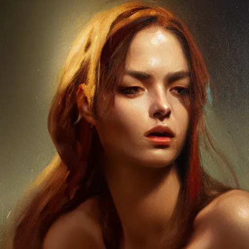 Image similar to a young woman, dramatic lighting, chiaroscuro, high detail, painted by roman chaliy, trending on artstation