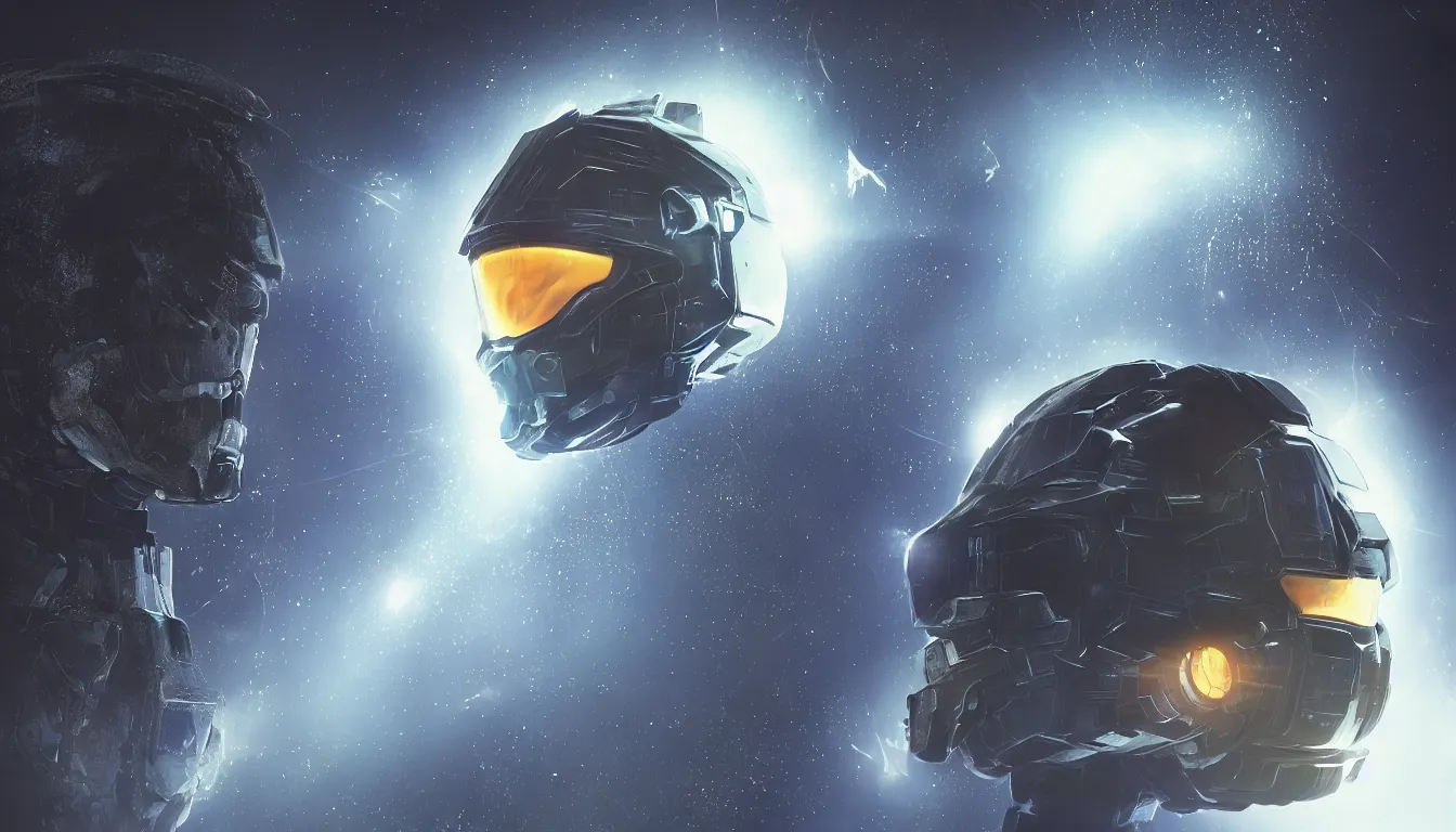 Prompt: cyberpunk halo helmet floating in space with light reflection