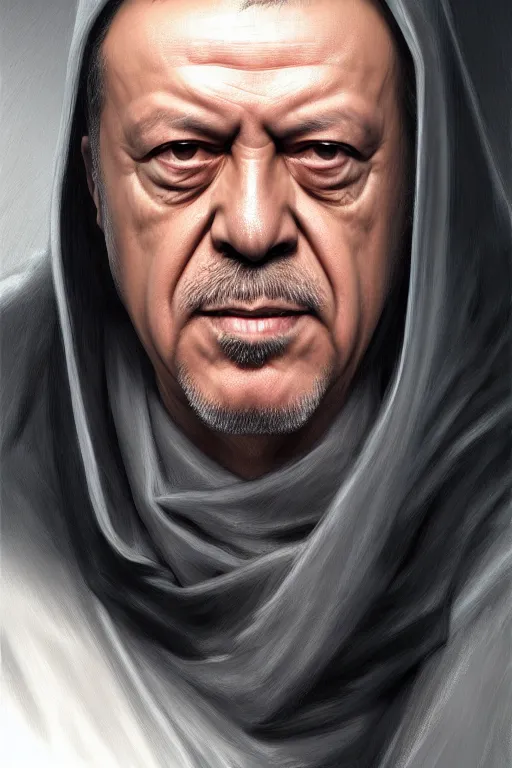 Image similar to Recep Tayyip Erdogan as Grim Reaper in a hood, portrait, highly detailed, digital painting, artstation, concept art, smooth, sharp focus, illustration, cinematic lighting, art by artgerm and greg rutkowski and alphonse mucha