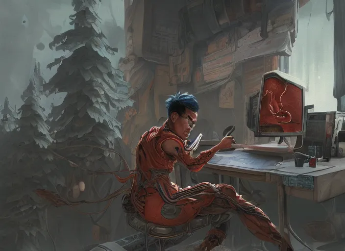 Image similar to an insanely detailed painting of an asian man wearing a homemade superhero costume, sitting at a desk, staring seriously at the computer and typing, in the style of peter mohrbacher, james jean, dramatic lighting and composition, surreal background, octane render, pixar, trending on artstation, concept art, comic book, view from behind, 8 k