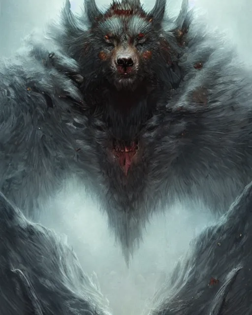 Image similar to king of wolves, elden ring, by artgerm, by greg rutkowski and zdizslaw beksinski, trending on artstation, octane render