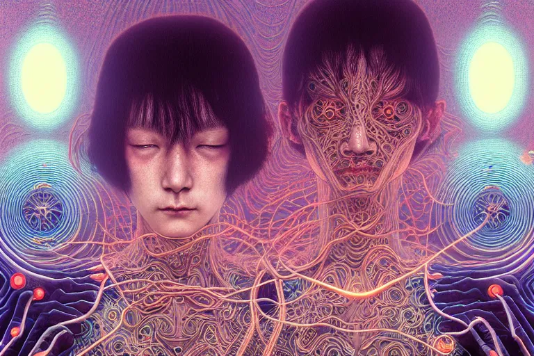 Prompt: realistic detailed image of being plugged into the matrix, conjuring psychedelic background, part by takato yamamoto, part by alex gray, ross tran, james jean, ultra realistic, octane render, highly detailed, 8 k, trending on artstation, cosmic, symmetry, masterpiece