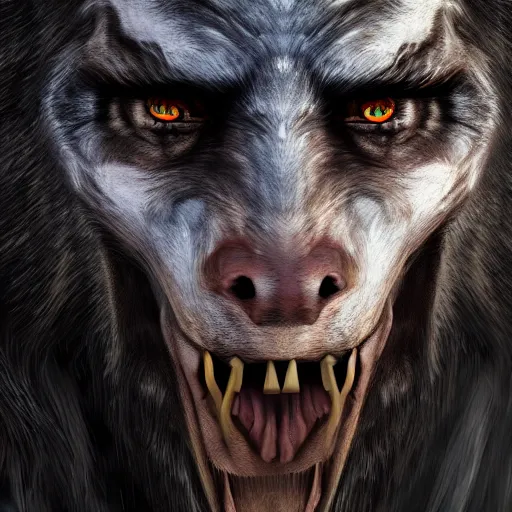 Prompt: a digital art of realistic portrait of werewolf from skyrim, scary grim dark werewolf, wolf man fantasy concept art, werewolf character sheet, 4 k, ultra detail, volumetric lighting, unreal engine, octane render