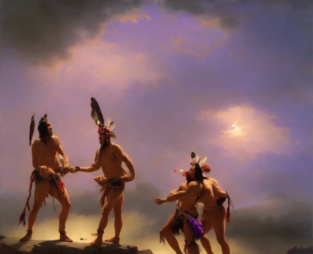 Image similar to two handsome american indians in loincloths, wrestling against a royal purple backdrop by ivan aivazovsky, oil painting, beautiful soft lighting, saturated colours, artstation