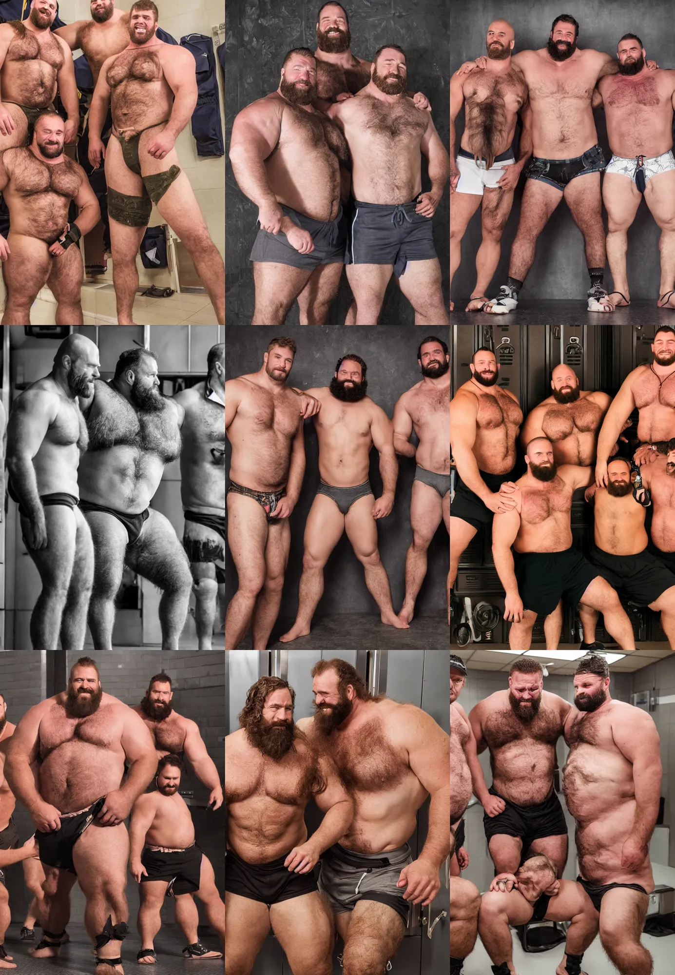 Prompt: group of friendly burly hairy manly strongmen in a locker room, shirts jockstraps and flip flops, dad energy, epic, size difference, photography, high resolution, very detailed, smooth, clear, clean