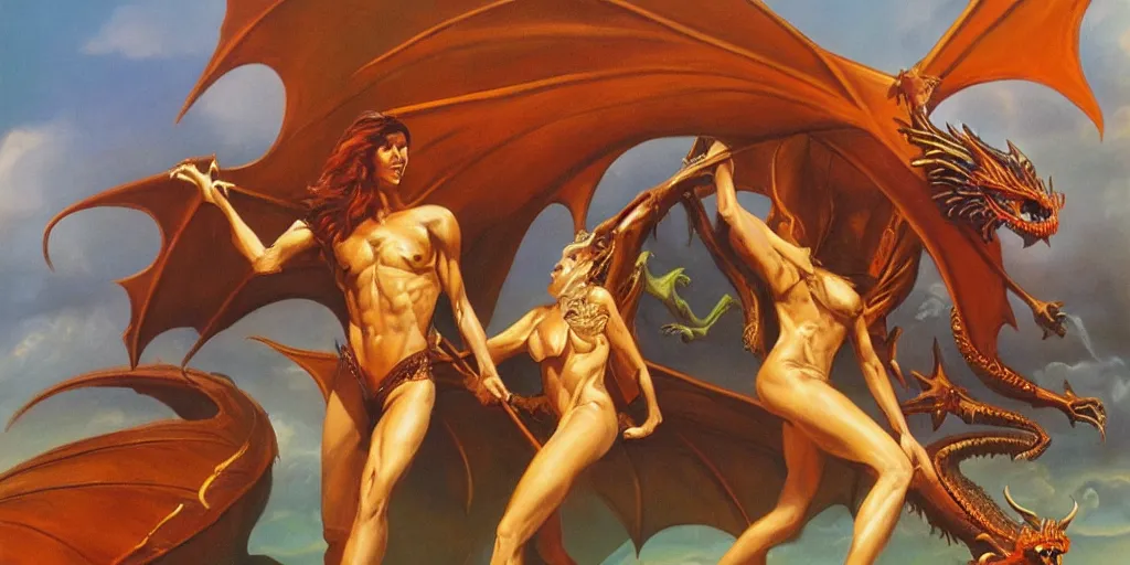 Prompt: boris Vallejo painting of a dragon and a witch