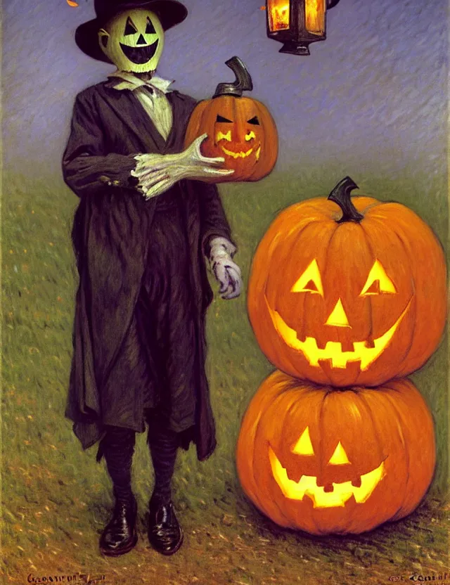 Image similar to a scarecrow with a jack - o - lantern head, holding a lantern, as a matte oil painting and d & d character art, by gustave caillebotte, standing, fullbody, flying bats, loose pages, concept art, award - winning, extremely detailed, sharp focus