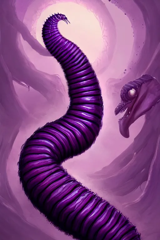 Image similar to giant purple worm is visible in the back, fantasy, intricate, elegant, highly detailed, digital painting, artstation, concept art, smooth, sharp focus, illustration, art by Jovan Delic