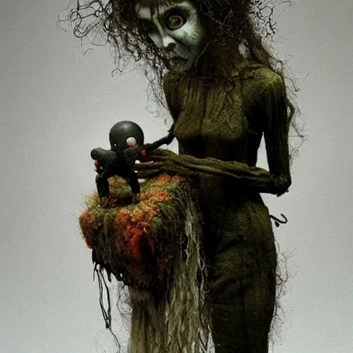 Image similar to creepy doll cursed witchcraft black eyes toy ryohei hase zdzislaw beksinski Lovecraftian dark blackness