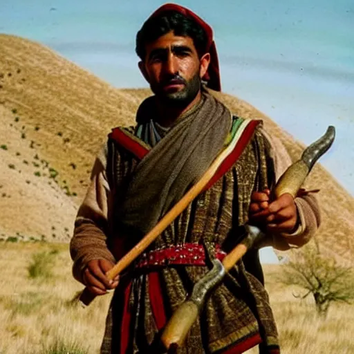 Prompt: Close up of a Kurdish shepherd wearing Kurdish clothes in a movie directed by Christopher Nolan, movie still frame, promotional image, imax 70 mm footage