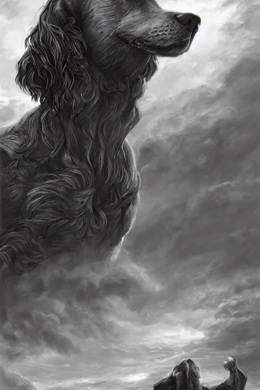 Image similar to Dog as a god, detailed face, gorgeous, amazing, flowing hair, very muscular male body, partial anatomy, stormy background, caesar victorious, proud Emperor, crepuscular ray, intricate, highly detailed, 8K, digital painting, fantasy, artstation, concept art, sharp focus, over-shoulder shot, illustration, art by Wayne Barlowe and alphonse mucha