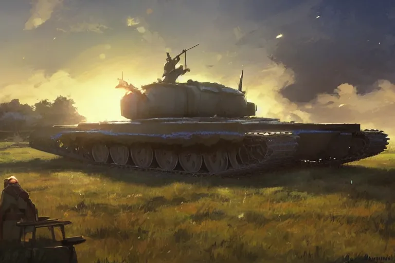 Image similar to a church built on top of a tank. in an open field. key visual, conceptart, ambient lighting, highly detailed, digital painting, artstation, concept art, sharp focus, by makoto shinkai and akihiko yoshida and greg manchess