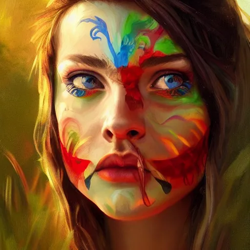 Image similar to Beautiful face Portrait of Little Red Riding Hood with a rainbow panther, face painting, dramatic lighting, intricate, wild, highly detailed, digital painting, artstation, concept art, smooth, sharp focus, illustration, art by artgerm and greg rutkowski and alphonse mucha, footage from space camera