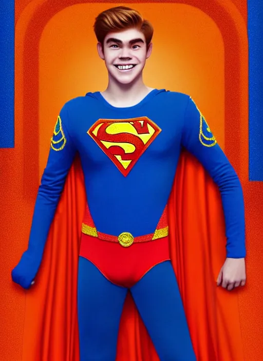 Image similar to friendly teenage archie andrews wearing an orange superhero costume with heart logo, heart, orange costume, blue cape, freckles, cape, heart emblem on chest, heart, blue cape, intricate, elegant, glowing lights, highly detailed, digital painting, artstation, sharp focus, illustration, art by wlop, mars ravelo and greg rutkowski