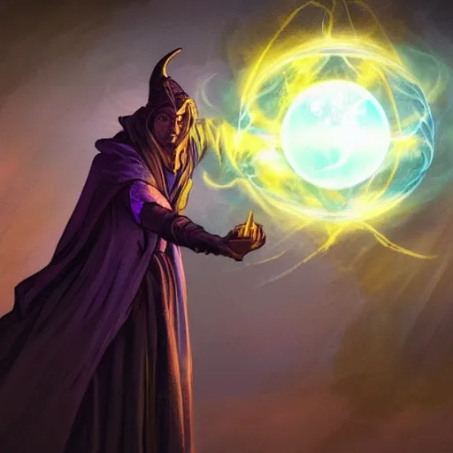 Image similar to a warlock is casting a magic spell, while magic orb is floating in his hand, the magic orb emit a blueish vapour, dynamic pose, chromatic aberration , medium level shot, Mucha style , Grim fantasy, illustration ,concept art,