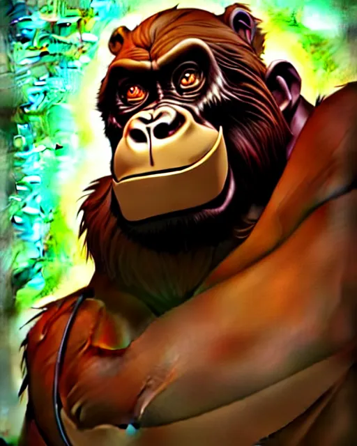 Image similar to don bluth, loish, artgerm, joshua middleton, steampunk, clockpunk anthropomorphic gorilla, brown suit, smiling, symmetrical eyes symmetrical face, colorful animation forest background