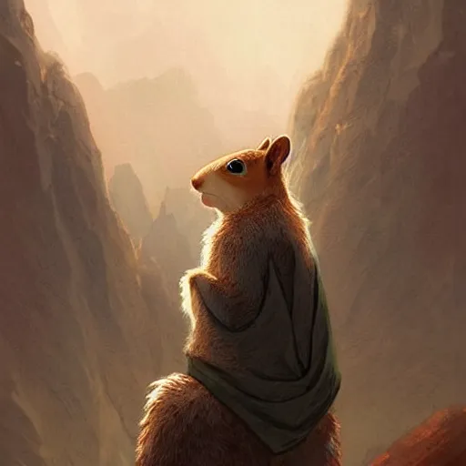 Prompt: Anthropomorphic Squirrel wearing a Cloak,looking over the mountains,by rossdraws and greg rutkowski,inspired by Leonardo DaVinci, apocalyptic future 2077