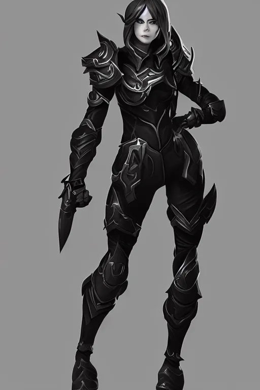 Prompt: A female league of legends character, fullbody art, wearing fully kitted black armor, character concept, dynamic posing, 8k, trending on artstation