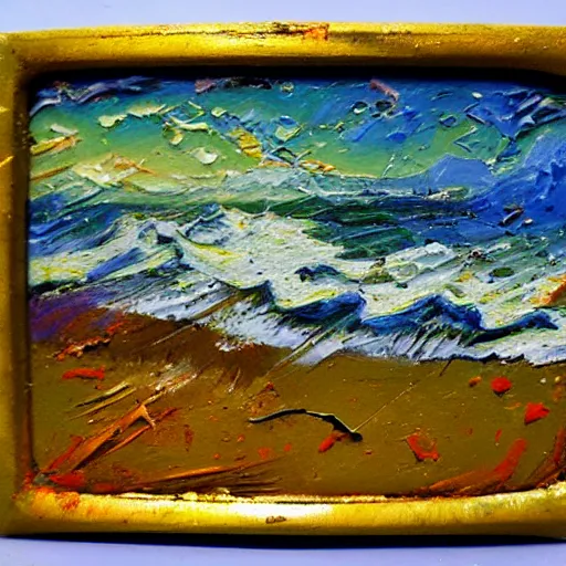 Image similar to oil paint impasto relief, beautiful very rough sea, multi layered thick brush marks, some splattered paint, in the style of ivan shishkin and frank auerbach and van gogh and rene lalique