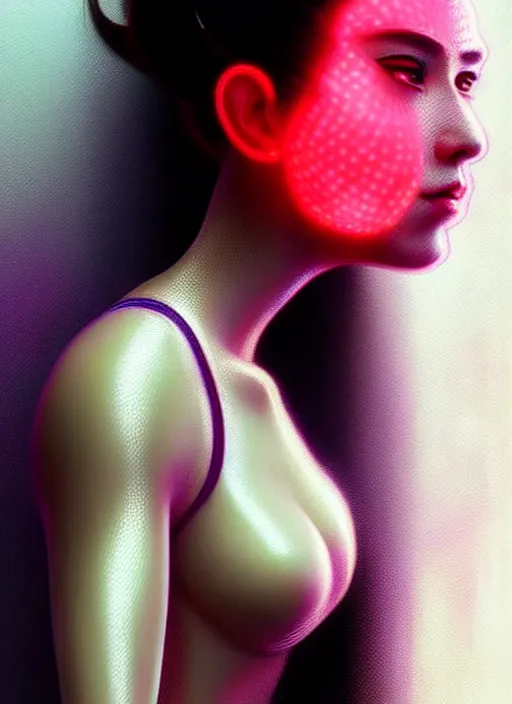 Image similar to photorealistic an oriental female humanoid with freckle cheeks, cyber neon lightings, futurism, cyberpunk high fashion, elegant pose, intricate details, crispy quality, digital photography, trending in artstation, trending in pinterest, no watermark signature, cinematic, 4 k ultra hd, art by artgerm, art by greg rutkowski, art by pascal blanche