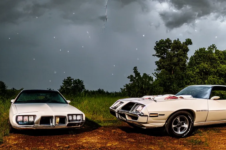 Image similar to pontiac firebird with white paint, cat inside car, sunrise, eerie light, fireflies, dog watching the car, dramatic, cinematic, forest, horror, sunbeams, volumetric lighting, wide shot, low angle, lightning storm hitting the car, ground cracking open to reveal a portal to hell