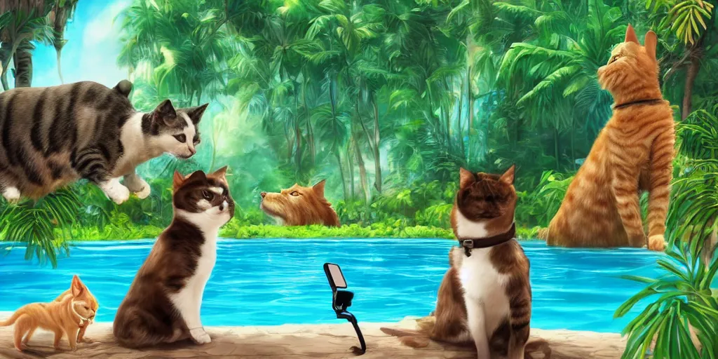 Prompt: cat and dog taking selfie in a swimming pool in the middle of the jungle, highly detailed, digital painting, artstation, concept art