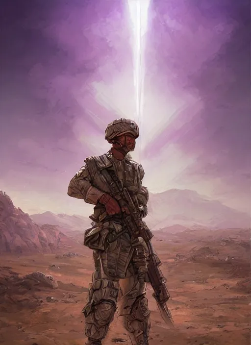 Image similar to purple lighting, detailed character concept illustration, strong muscular mature soldier in a soldier uniform, desert with city in the background, sharp focus, illustration, highly detailed, digital painting, concept art, matte, art by wlop and artgerm and greg rutkowski, masterpiece