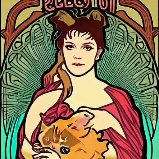 Prompt: a cat in the style of alphonse mucha