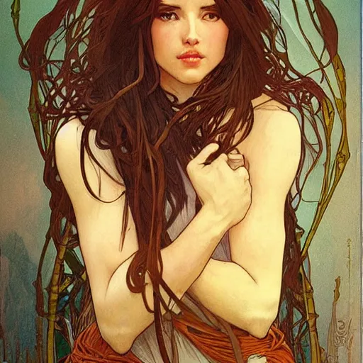 Prompt: A cave woman by Artgerm and Alphonse Mucha