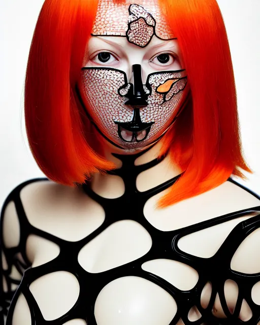 Prompt: symmetrical close - up portrait of a woman wearing a translucent silicone beauty mask and orange hair, wearing a black bodysuit by alexander mcqueen, standing in a garden full of plastic translucent flowers, black background, soft diffused light, biotechnology, humanoide robot, bjork aesthetic, translucent, by rineke dijkstra, intricate details, highly detailed, masterpiece,