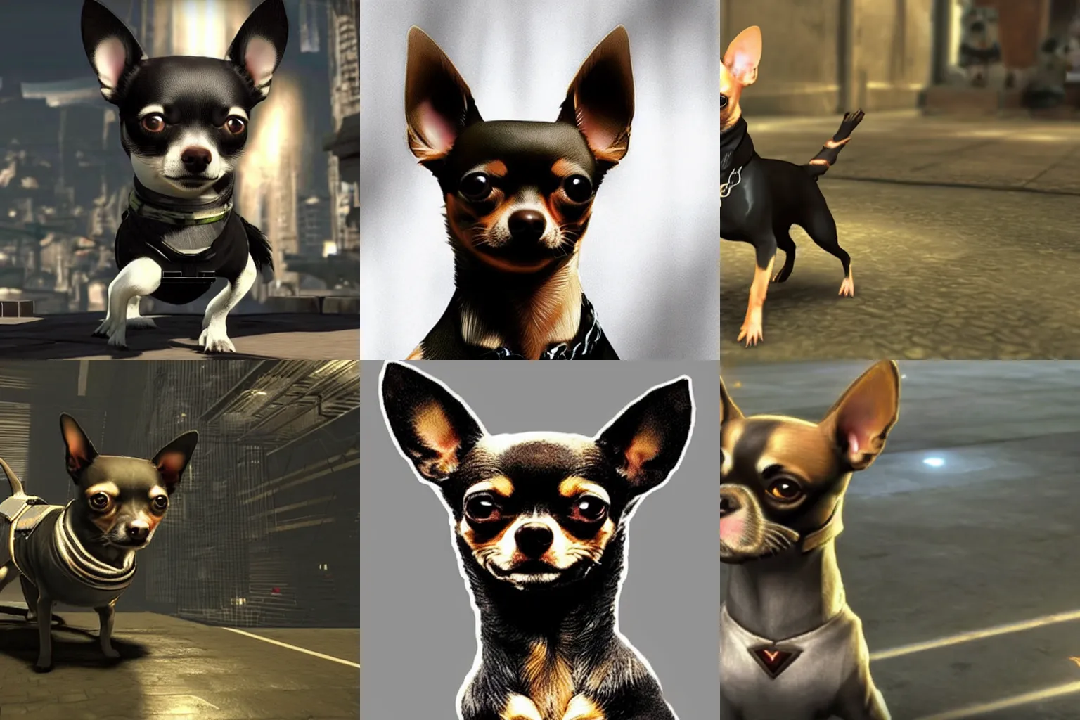 Prompt: a chihuahua in the videogame franchise deus ex