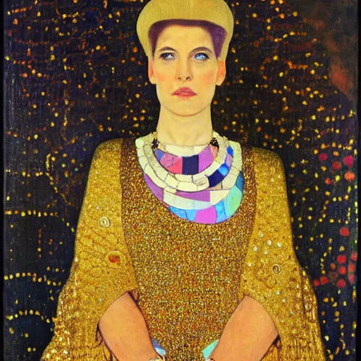 Image similar to a portrait of feminine benjamin netanyahu in gold garbs and jewels, by gustave klimt