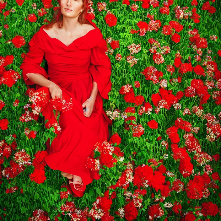 Prompt: closeup portrait of a woman in a red dress, sitting in a throne of flowers, by Annie Leibovitz and Steve McCurry, natural light, detailed face, CANON Eos C300, ƒ1.8, 35mm, 8K, medium-format print