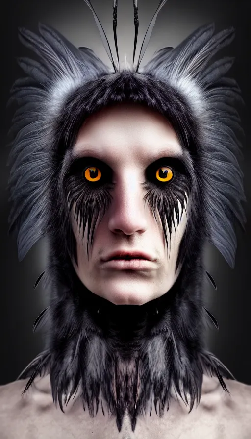 Image similar to epic professional digital portrait art of a human - aninal hybrid creature, portrait, human eyes, crow head, human skin, feathery skin, humanoid figure